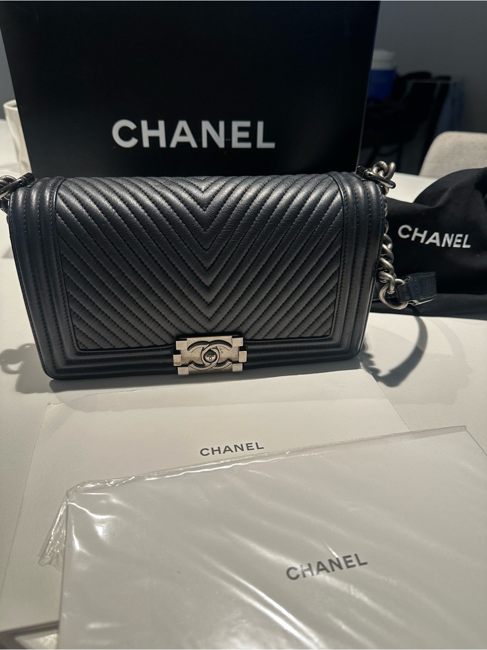 CHANEL Black Chevron Small Boy Shoulder Bag with Silver Hardware